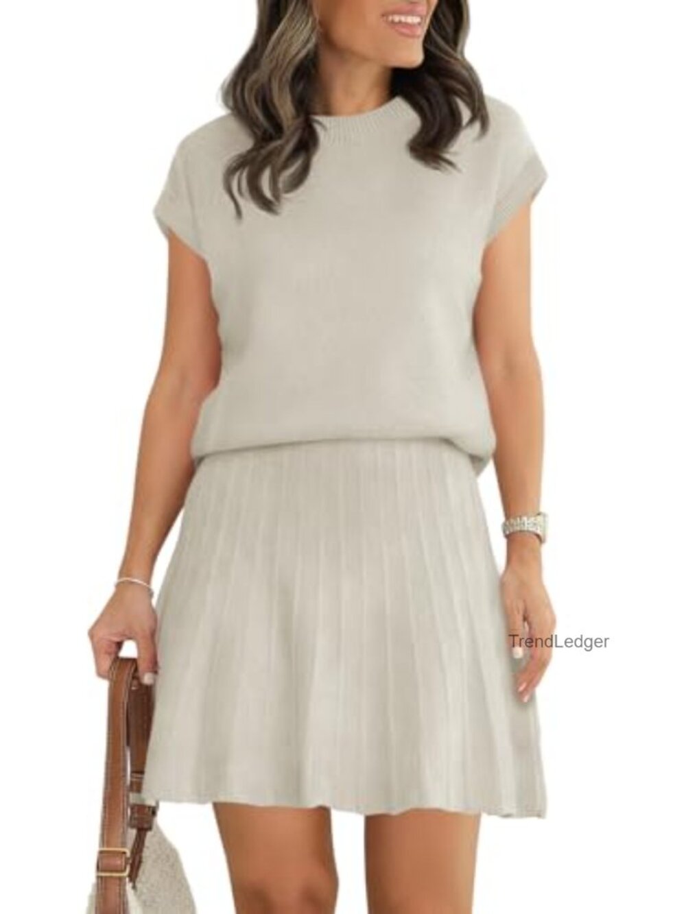 Women's 2 Piece Knit Lounge Skirt Set Cap Sleeve Top Pleated Mini Skirt